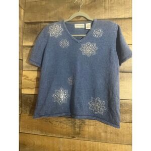 Alfred Dunner Petite Blue Short Sleeve Embellished V Neck Sweater Top PXL